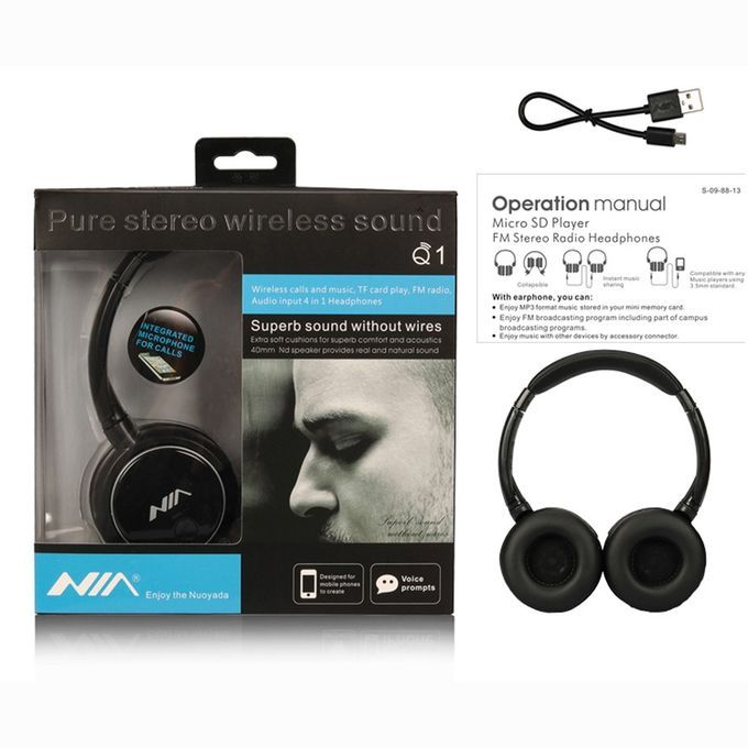 Casque Nia Q1 Wireless sans fil Bluetooth avec micro Slot SD/AUX/FM Radio - Noir