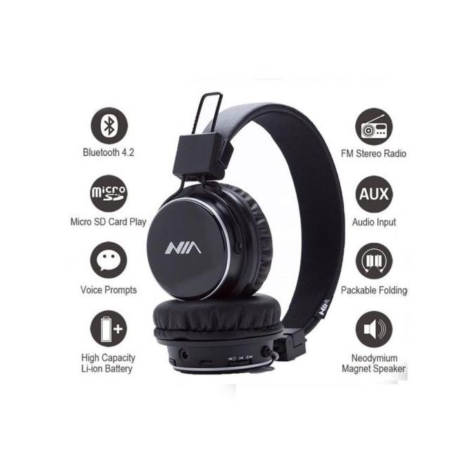 Casque Nia Q1 Wireless sans fil Bluetooth avec micro Slot SD/AUX/FM Radio - Noir